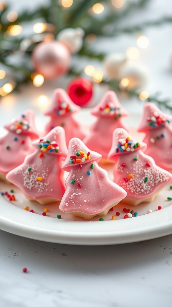Pink Christmas treats on a plate with sprinkles, surrounded by fairy lights and evergreen branches.
